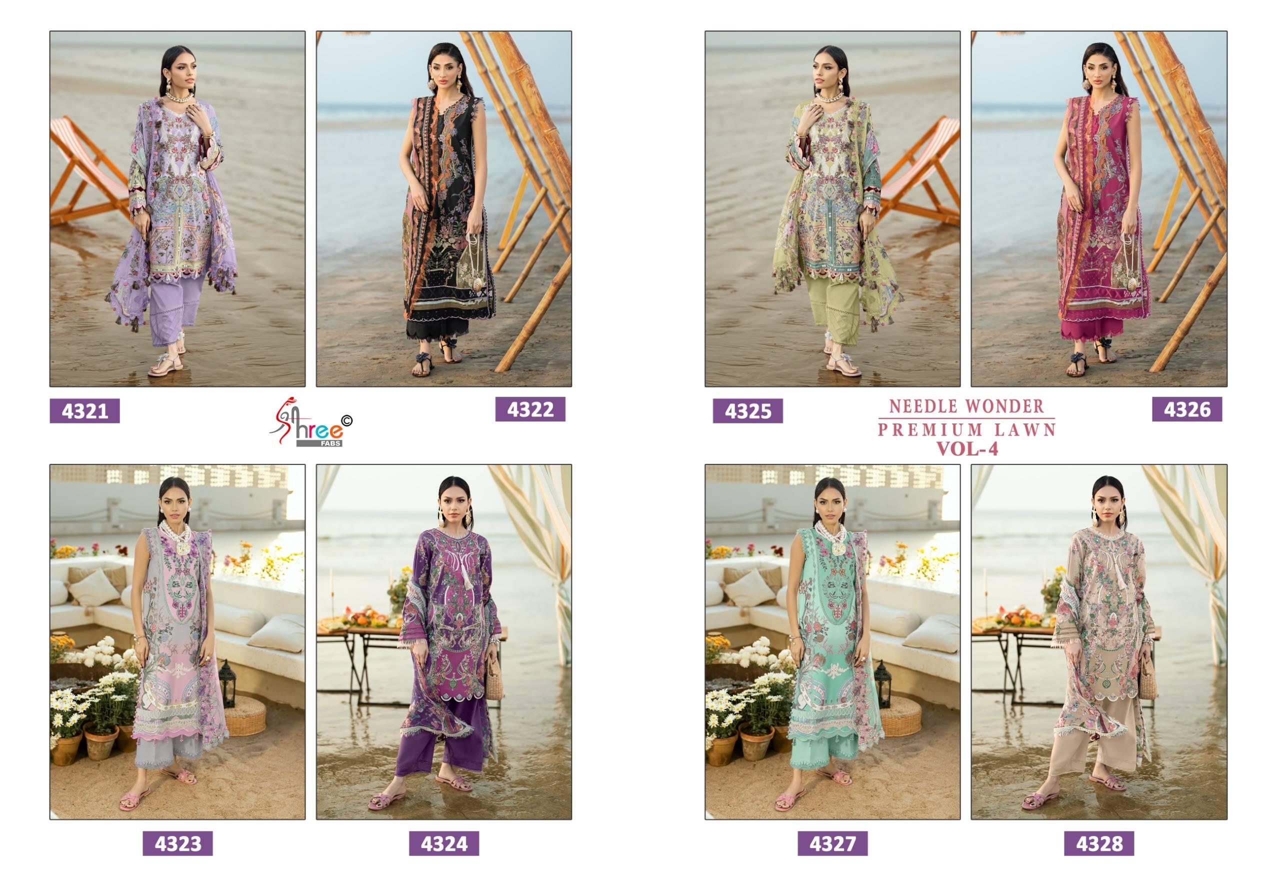 NEEDLE WONDER PREMIUM LAWN VOL-4 By Shree Fabs 4321 To 4328 Series Designer Pakistani Suits Pure Cotton print Dresses At Wholesale Price